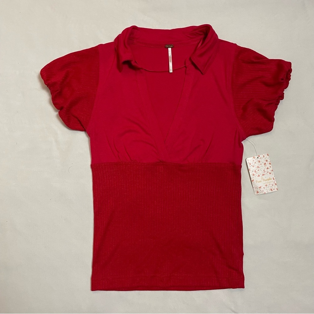 NWT New Free People Molly Red Ribbed Short Sleeve Surplice Top Size XS - Picture 6 of 15